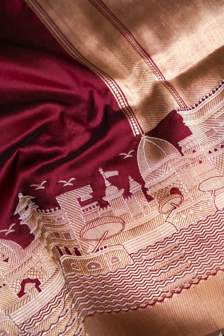 Pure Banarasi Maroon Katan Silk Handloom Ghat Saree