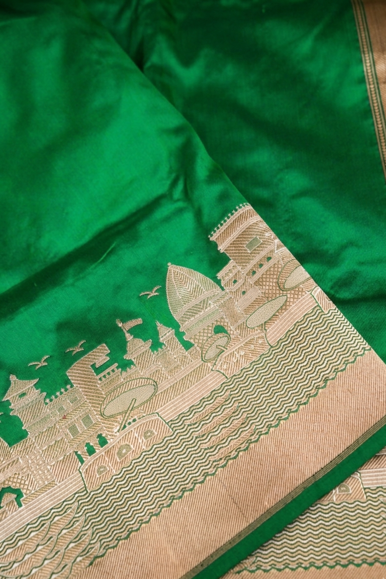 Pure Banarasi Green Katan Silk Handloom Kadwa Ghat Saree