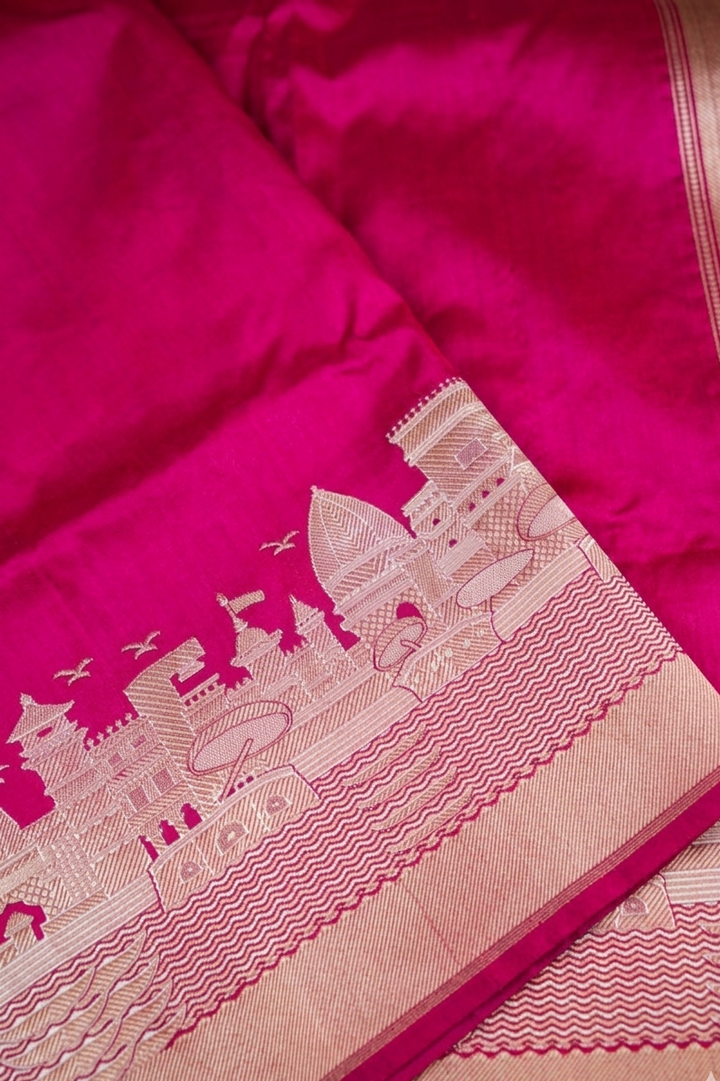 Pure Banarasi Fuchsia Pink Katan Silk Handloom Kadwa Ghat Saree