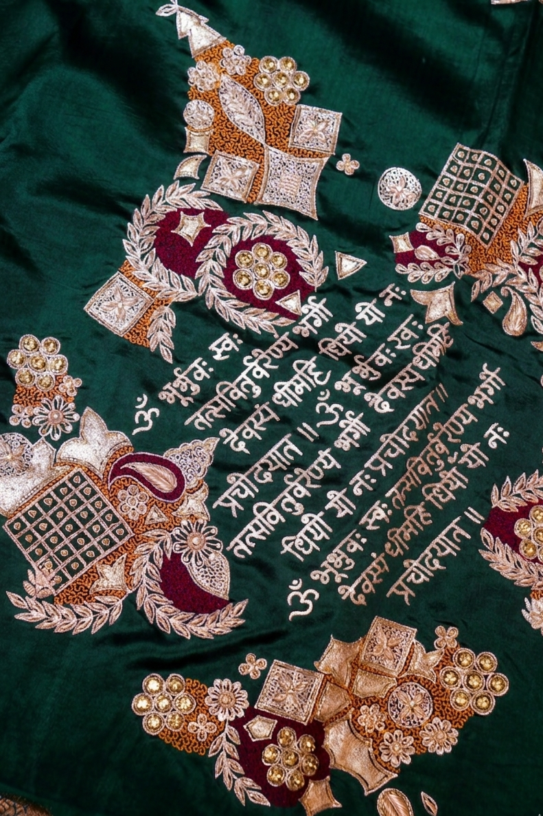 Handwoven Banarasi Bottle Green Pure Katan Silk Saree with Kamdhenu Motif Border
