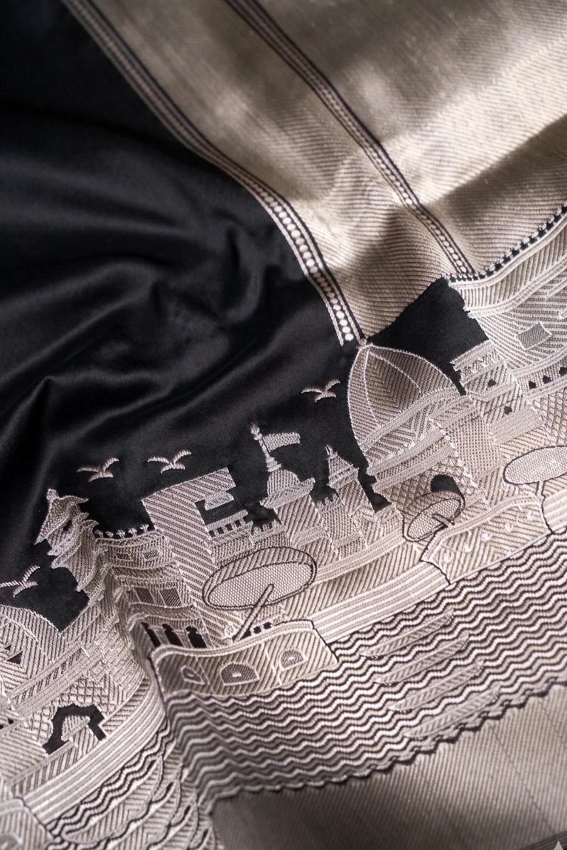 Pure Banarasi Black Katan Silk Handloom Kadwa Ghat Saree