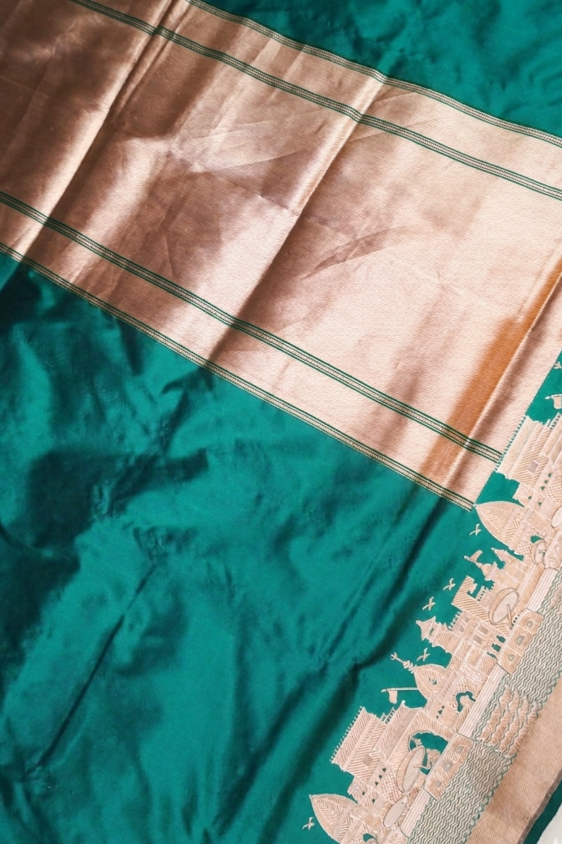 Pure Banarasi Rama Green Katan Silk Handloom Kadwa Ghat Saree