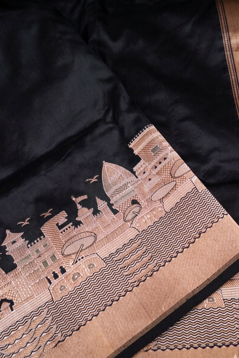 Pure Banarasi Black Katan Silk Handloom Kadwa Ghat Saree