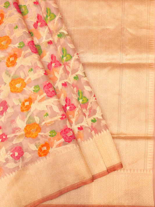 Banarasi Handloom Peachy Pink  Kora Tissue Meenakari Saree