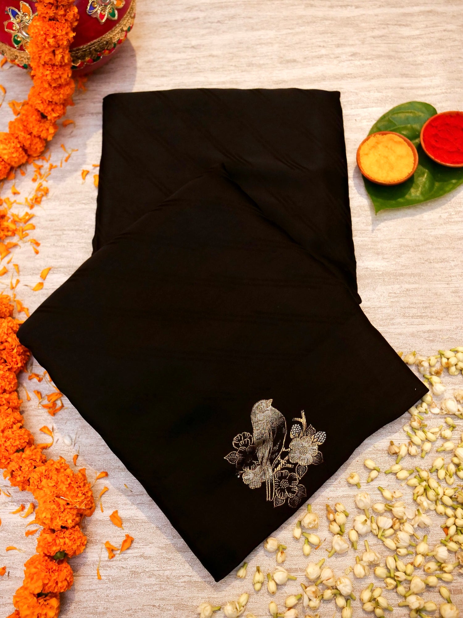 Handwoven Banarasi Jet Black Mashru Silk Figure Motif Saree