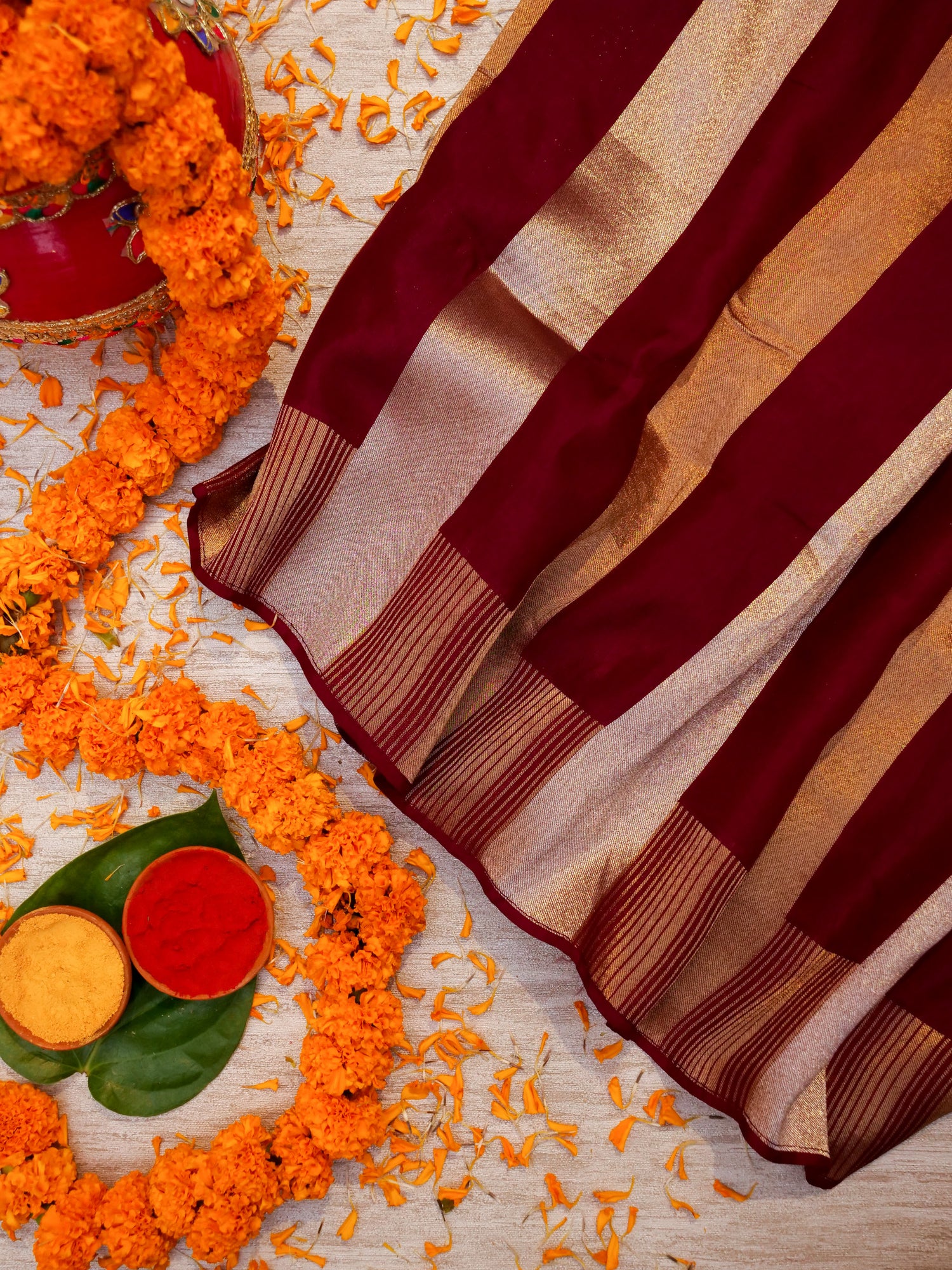 Handwoven Banarasi Rouge Maroon Mashru Silk Stripped Woven Saree