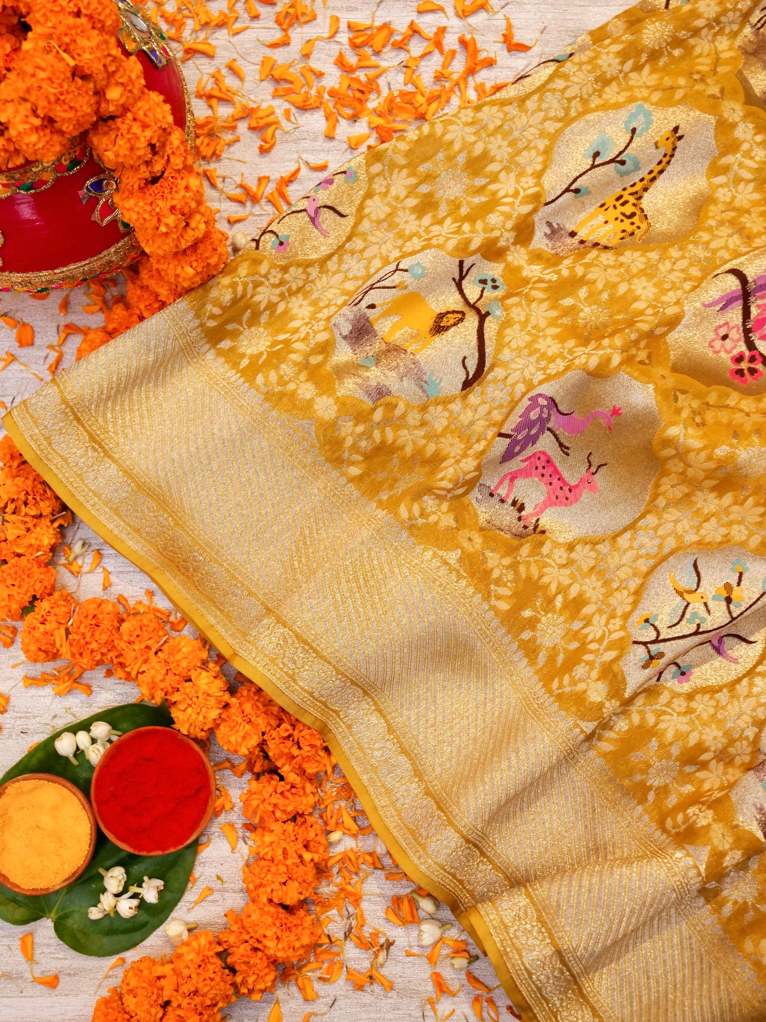 Banarasi Handloom Mango Yellow Khaddi Georgette Woven Saree