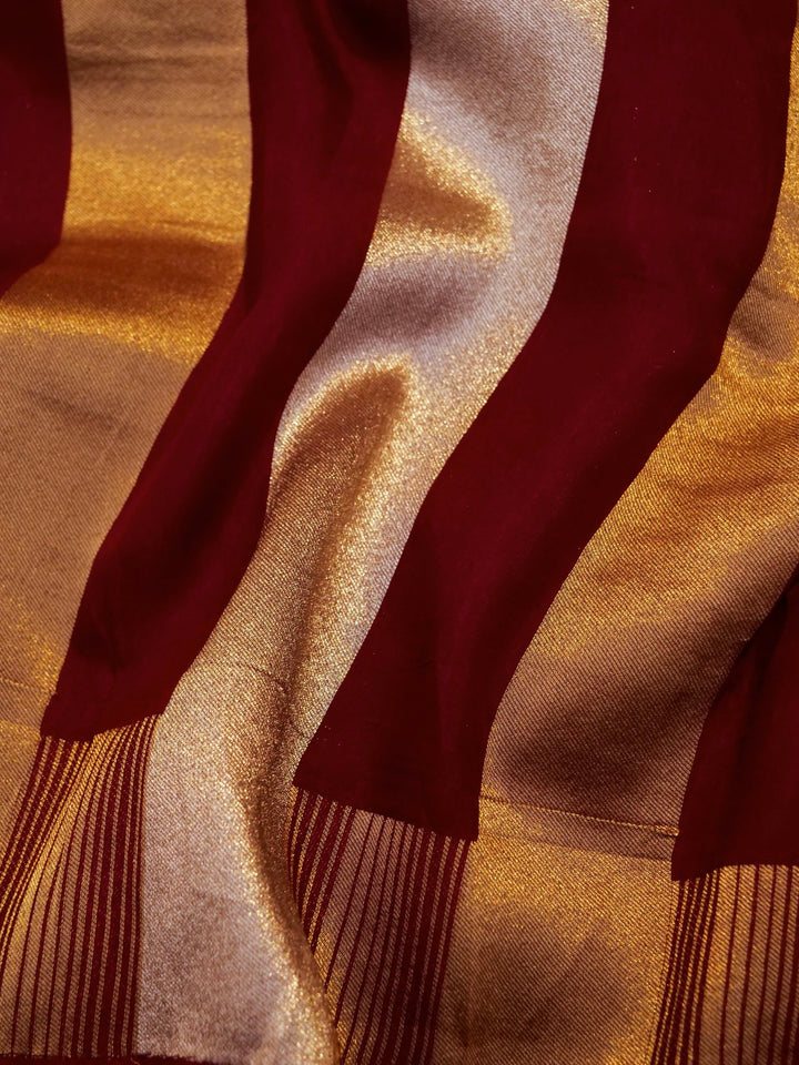 Handwoven Banarasi Rouge Maroon Mashru Silk Striped Woven Saree