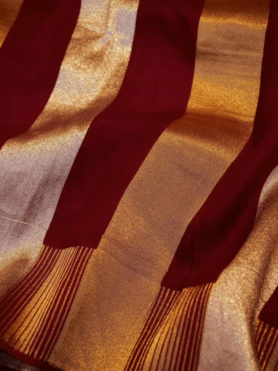 Handwoven Banarasi Rouge Maroon Mashru Silk Striped Woven Saree