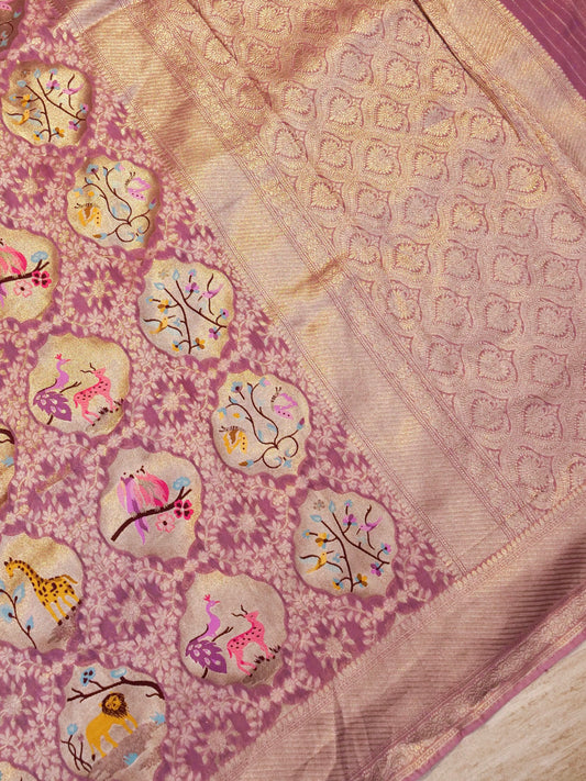 Banarasi Handloom Mauve Pink Khaddi Georgette Woven Saree