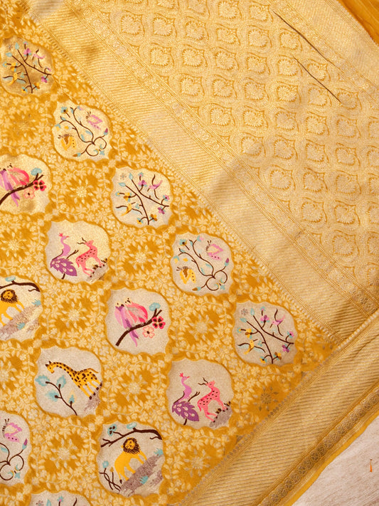 Banarasi Handloom Mango Yellow Khaddi Georgette Woven Saree