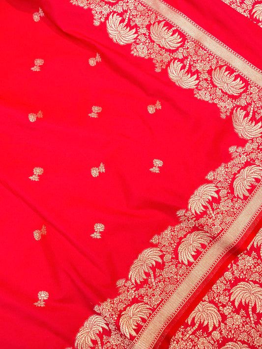 Banarasi Handloom Cherry Red Katan Silk Zari Woven Suit Set (Unstitched)