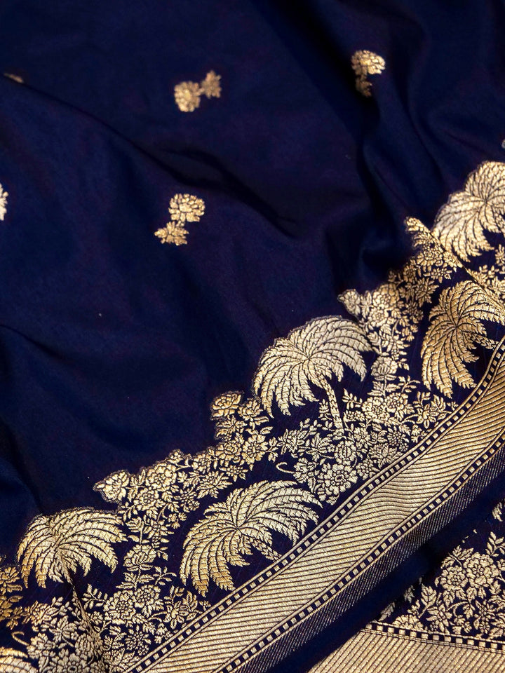 Banarasi Handloom Navy Blue Katan Silk Zari Woven Suit Set (Unstitched)
