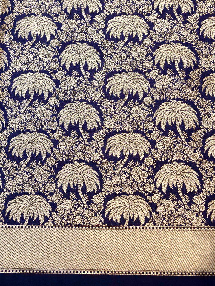 Banarasi Handloom Navy Blue Katan Silk Zari Woven Suit Set (Unstitched)