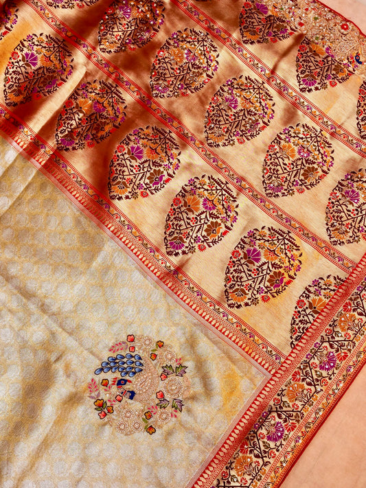 Pure Banarasi Katan-Tissue Paithani Hand-Embroidered Saree