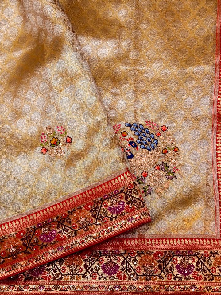 Pure Banarasi Katan-Tissue Paithani Hand-Embroidered Saree
