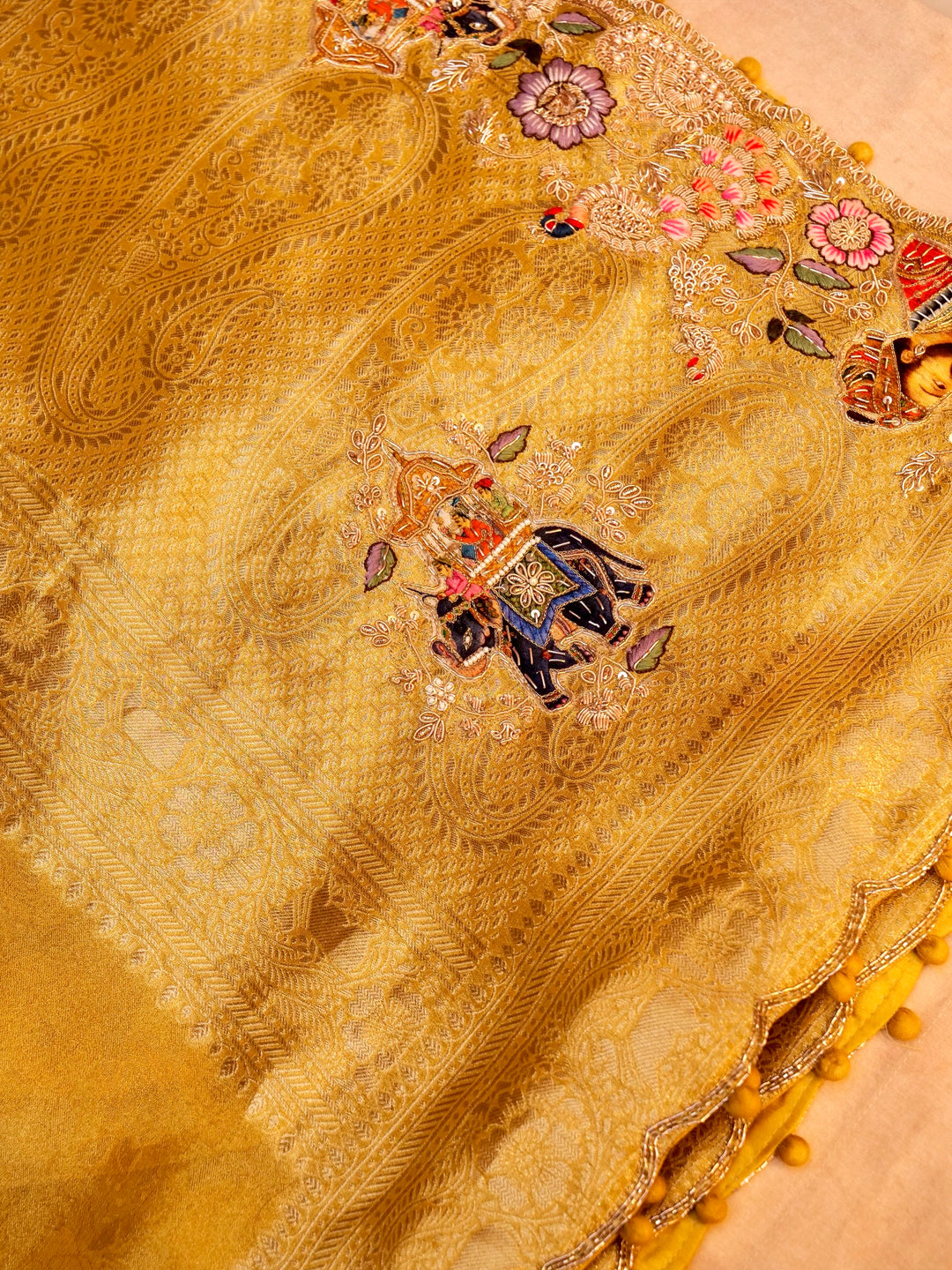 Pure Banarasi Jacquard Tissue Hand-Embroidered Saree