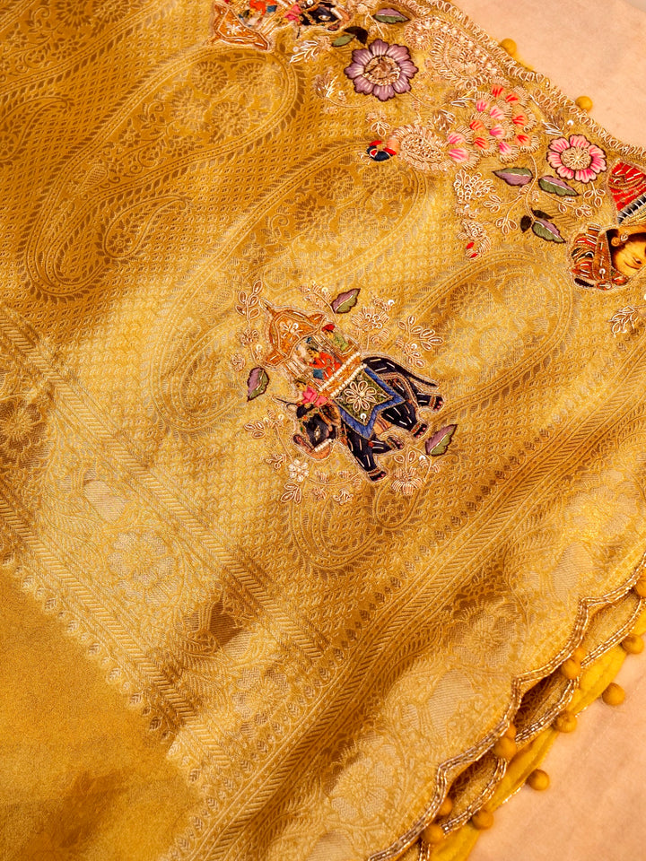 Pure Banarasi Jacquard Tissue Hand-Embroidered Saree