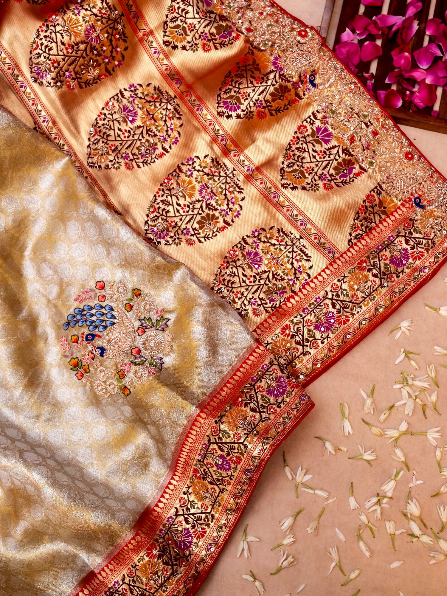 Pure Banarasi Katan-Tissue Paithani Hand-Embroidered Saree