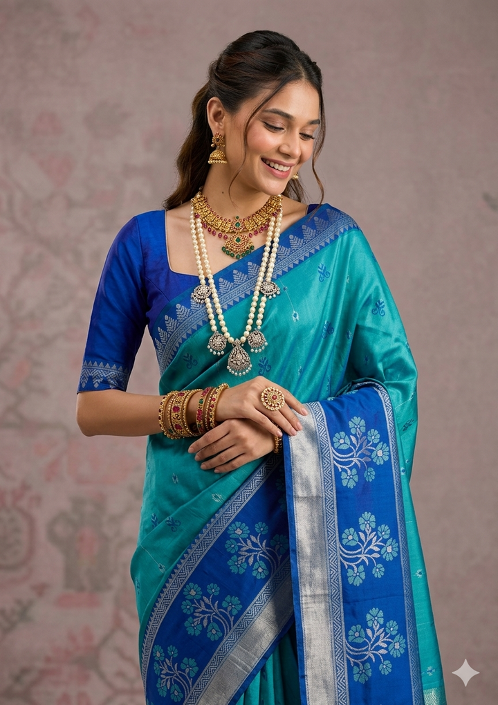 Light Green Soft Silk Kanjivaram Inspired Saree with Contrast Thread Weaving