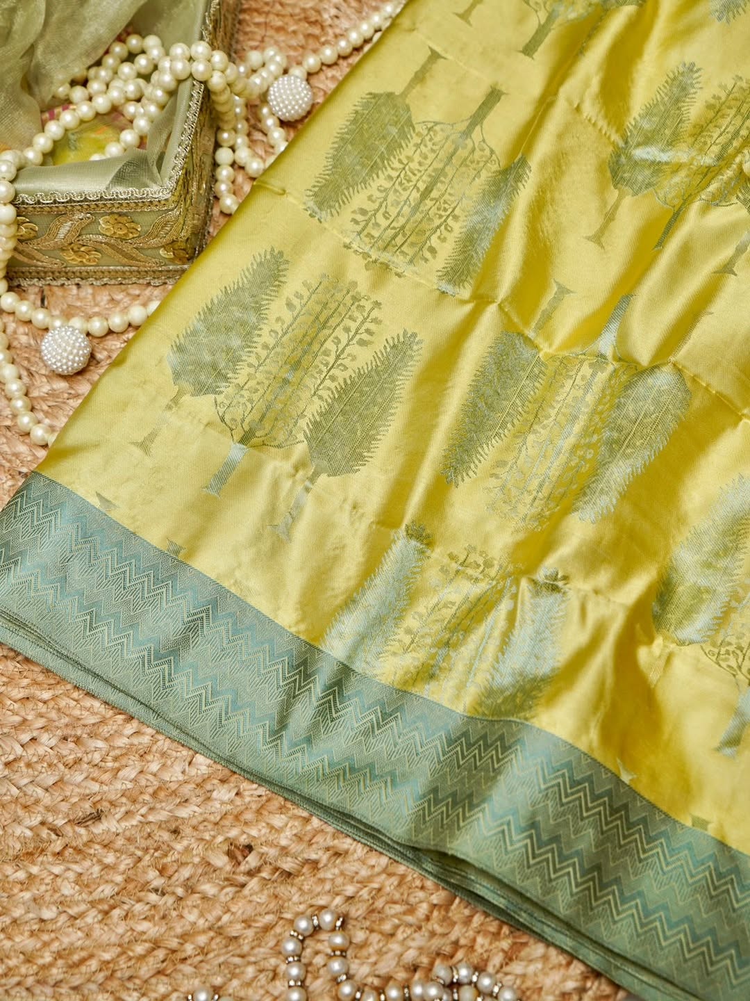 Yellow Banarasi Chinon Georgette Saree with Antique Zarii testing