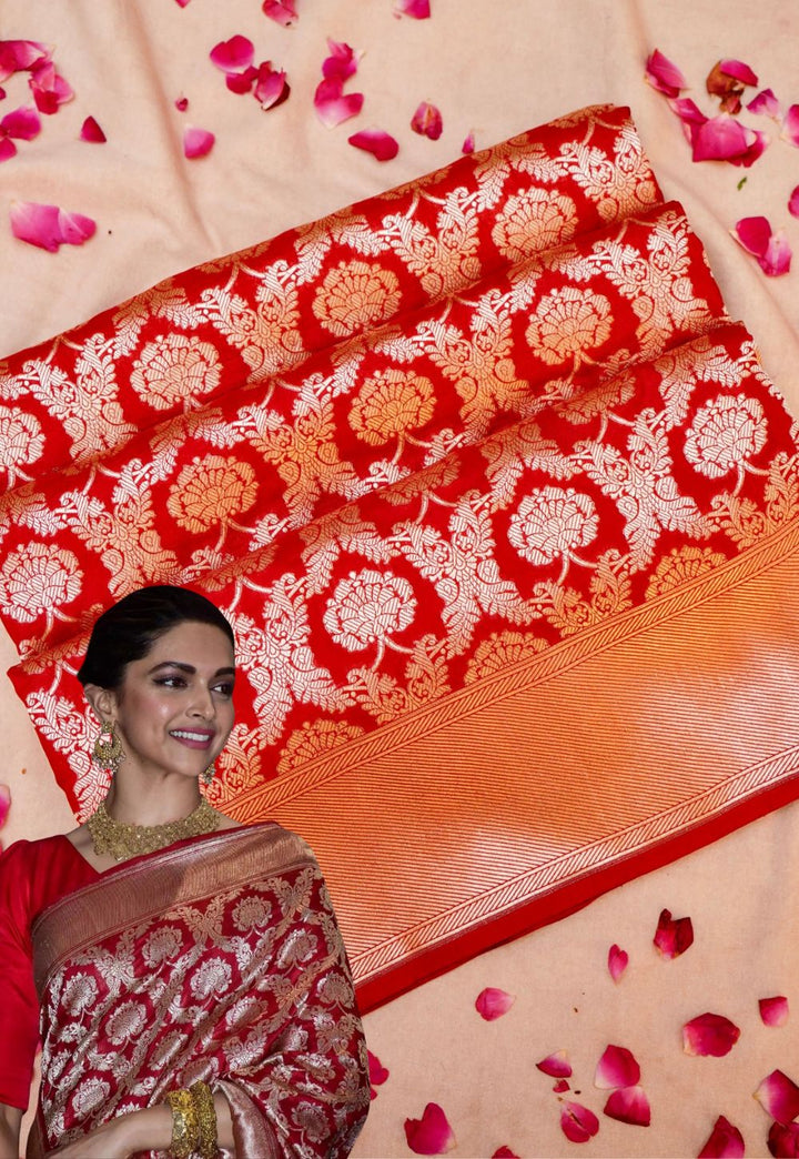 Deepika Padukone Inspired Handwoven Banarasi Pure Katan Silk Bridal Saree