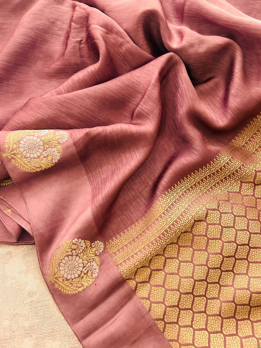 Handwoven Ice Peach Banarasi Mashru Silk Zari Border & Pallu Saree