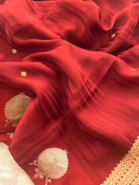 Handwoven Scarlet Red Banarai Mashru Silk Zari Woven Saree