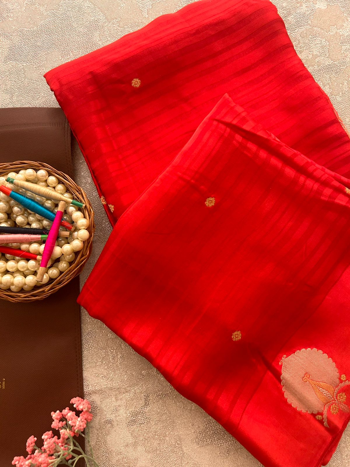 Handwoven Scarlet Red Banarai Mashru Silk Zari Woven Saree