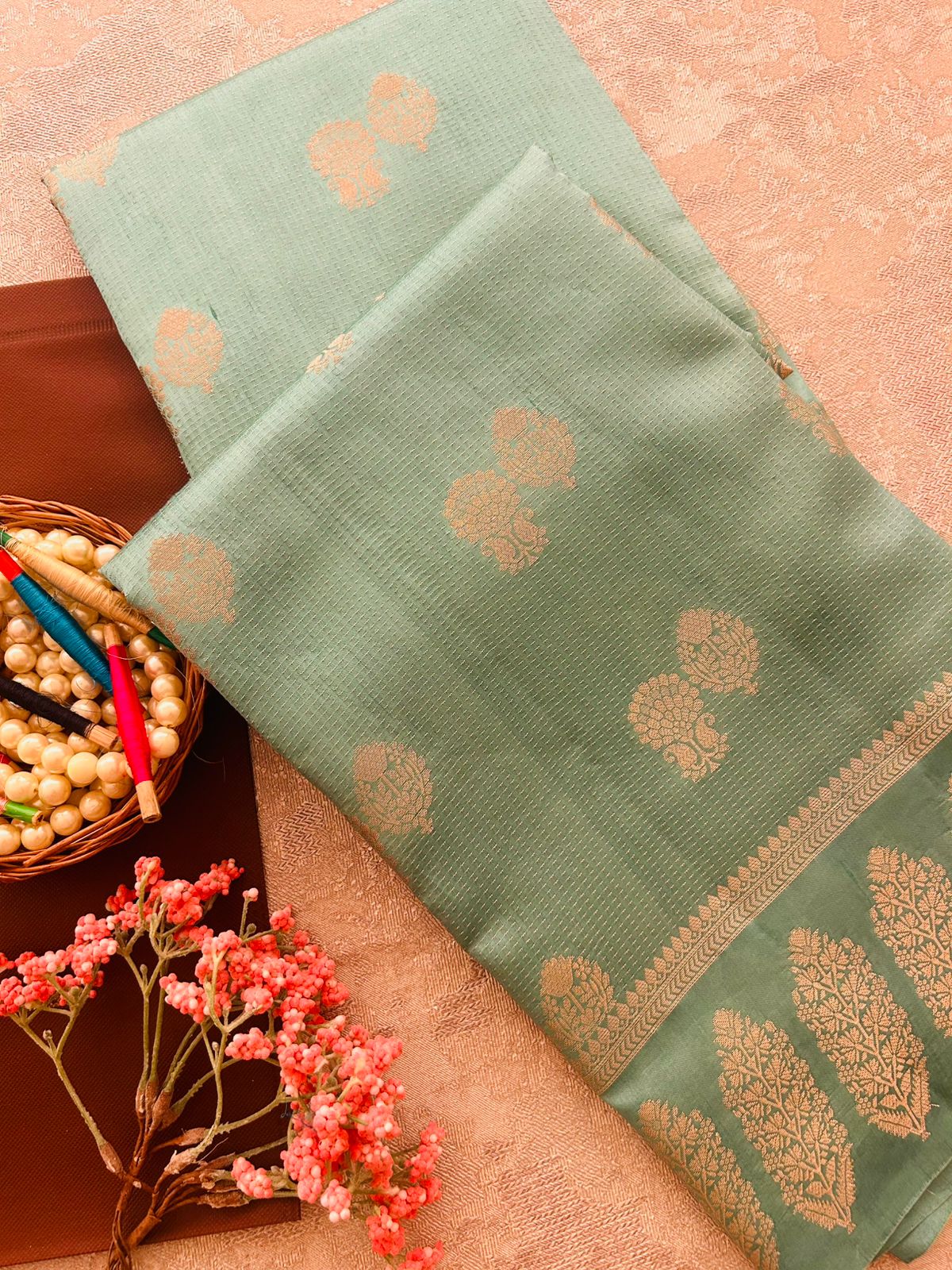 Handwoven Sea Green Chiniya Silk Zari Woven Saree