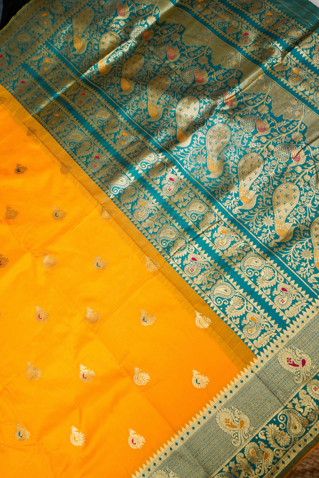 Yellow Soft Silk Kanjivaram Inspired Bird Motifs Saree with Contrast Border Pallu