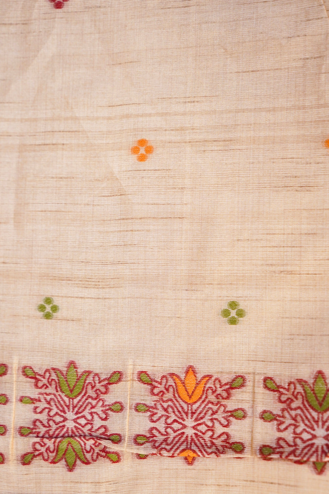 Cream Tussar Silk Saree with Meenakari Border &amp; Peacock Motif Pallu