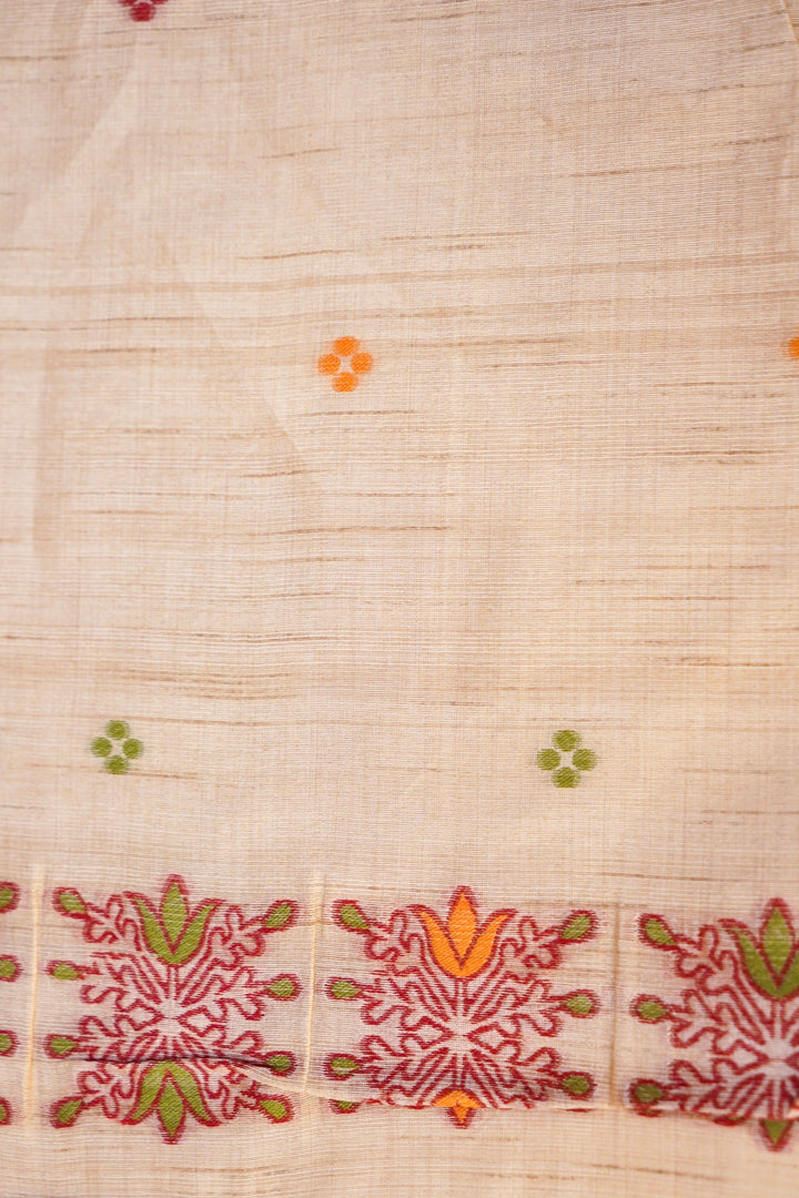 Cream Tussar Silk Saree with Meenakari Border &amp; Peacock Motif Pallu
