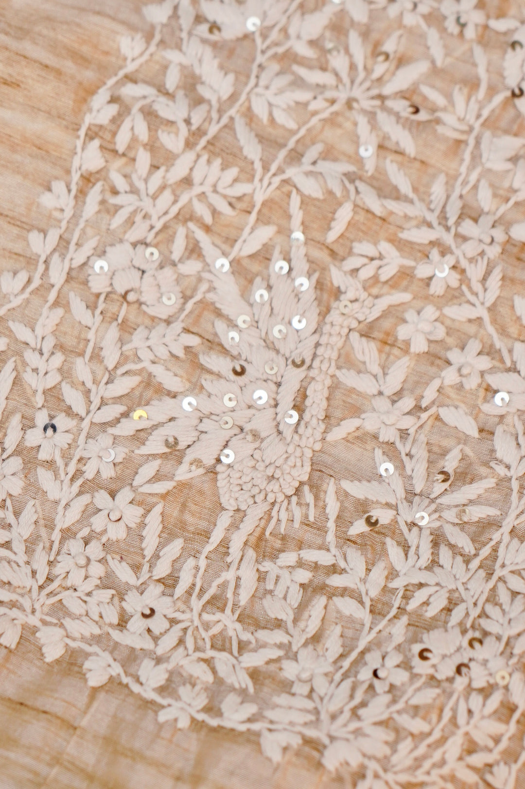 Unstitched Beige Gold Tussar Silk Suit with French Knot Thread Embroidery