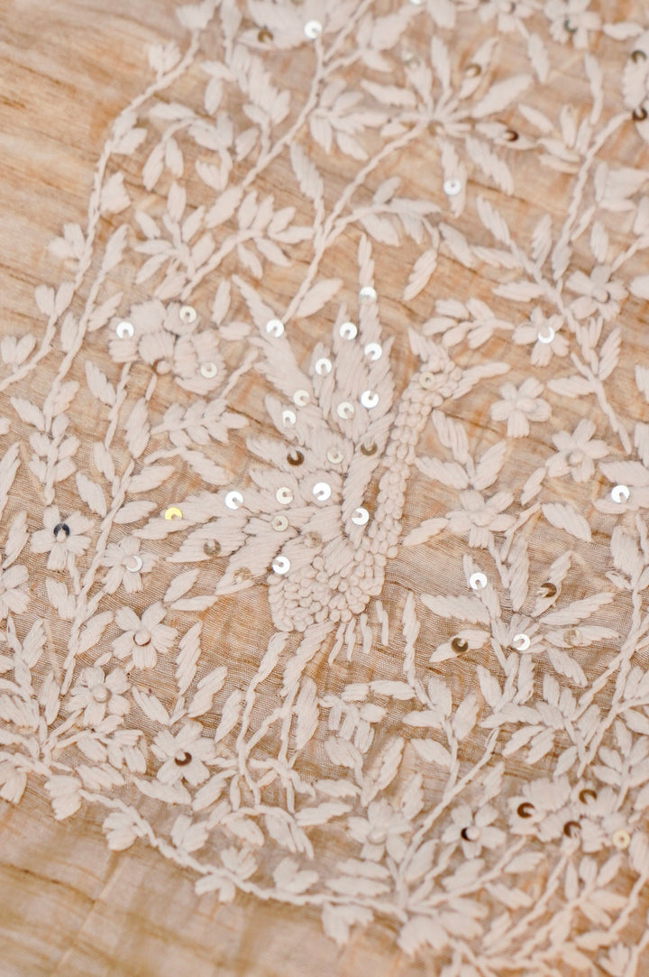 Unstitched Beige Gold Tussar Silk Suit with French Knot Thread Embroidery