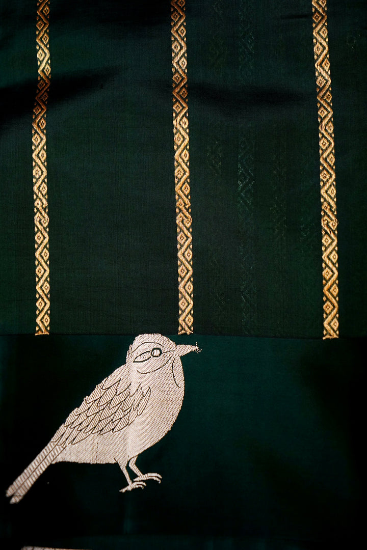Bottle Green Elegance – Raw Mango Handwoven Pure Katan Silk Sparrow Motif Saree