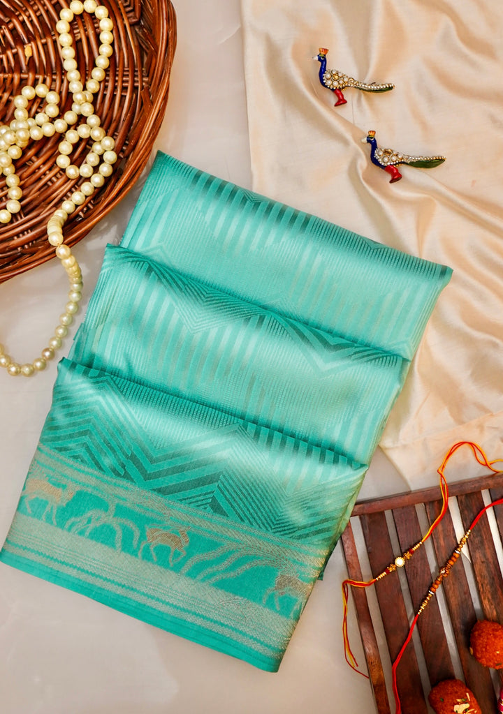 Aqua Green Banarasi Pure Katan Silk Saree – Handwoven with Golden Zari Shikargah Border & Pallu