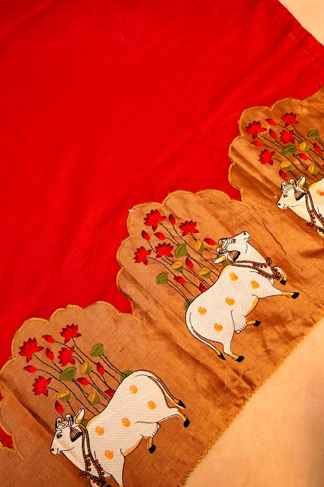 Pure Red Chanderi Silk Suit Set with Zardozi Neckline & Pichwai Embroidered Dupatta