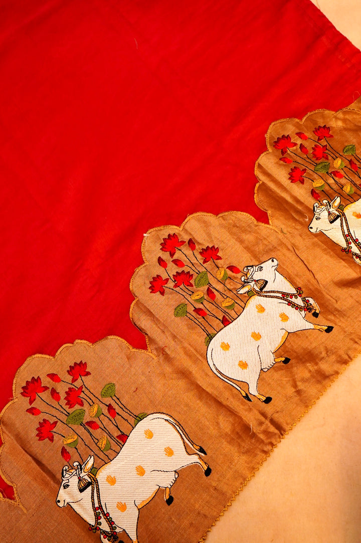 Pure Red Chanderi Silk Suit Set with Zardozi Neckline & Pichwai Embroidered Dupatta