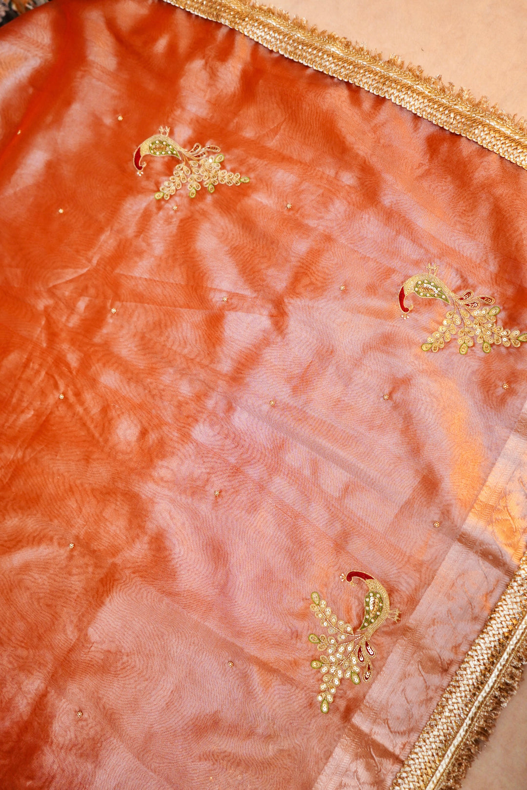 Copper Gold Tissue Silk Saree with Exquisite Peacock Motif Embroidery