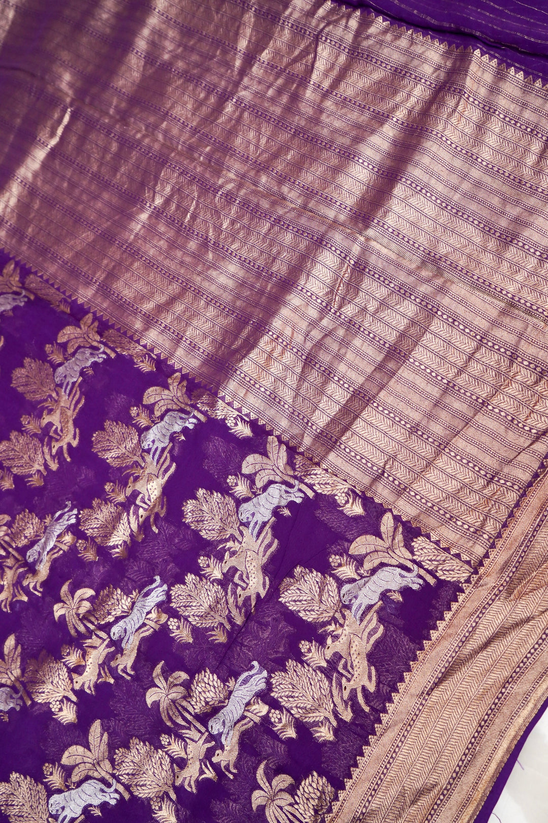 Dark Purple Pure Georgette Shikargah Saree with Zari Weave Animal Motifs