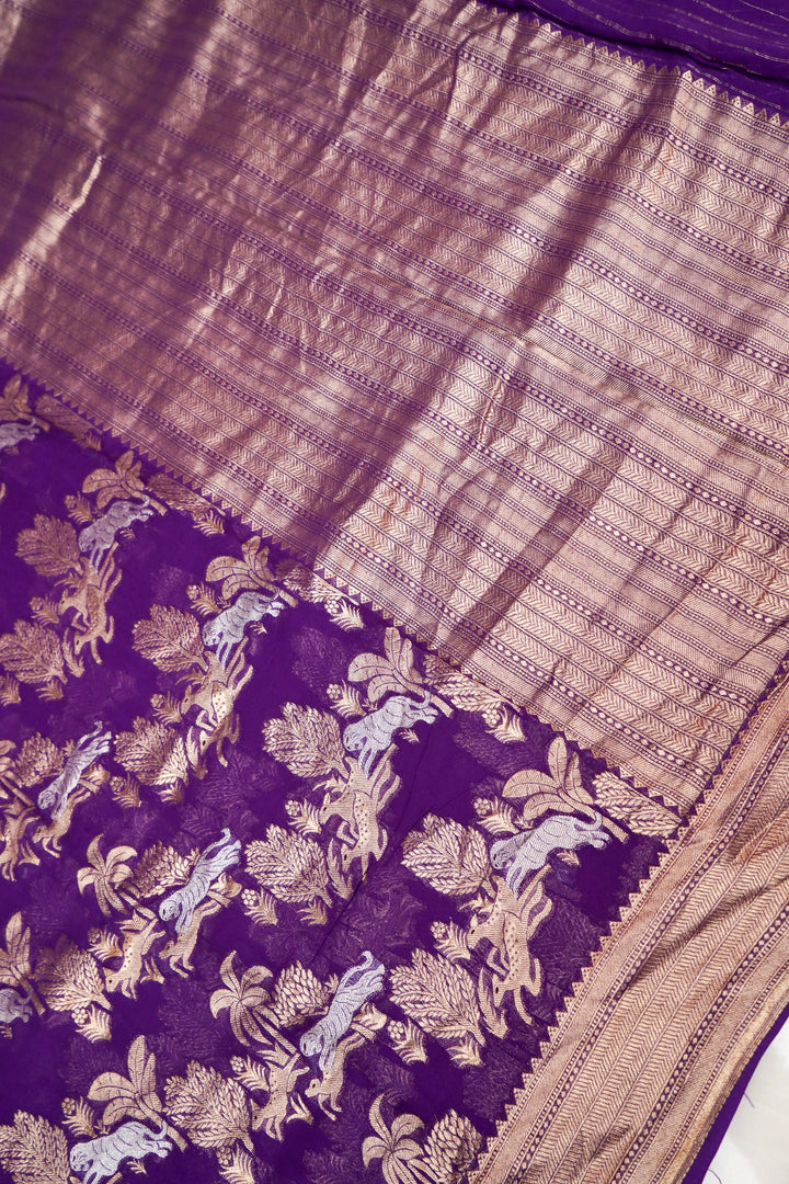 Dark Purple Pure Georgette Shikargah Saree with Zari Weave Animal Motifs
