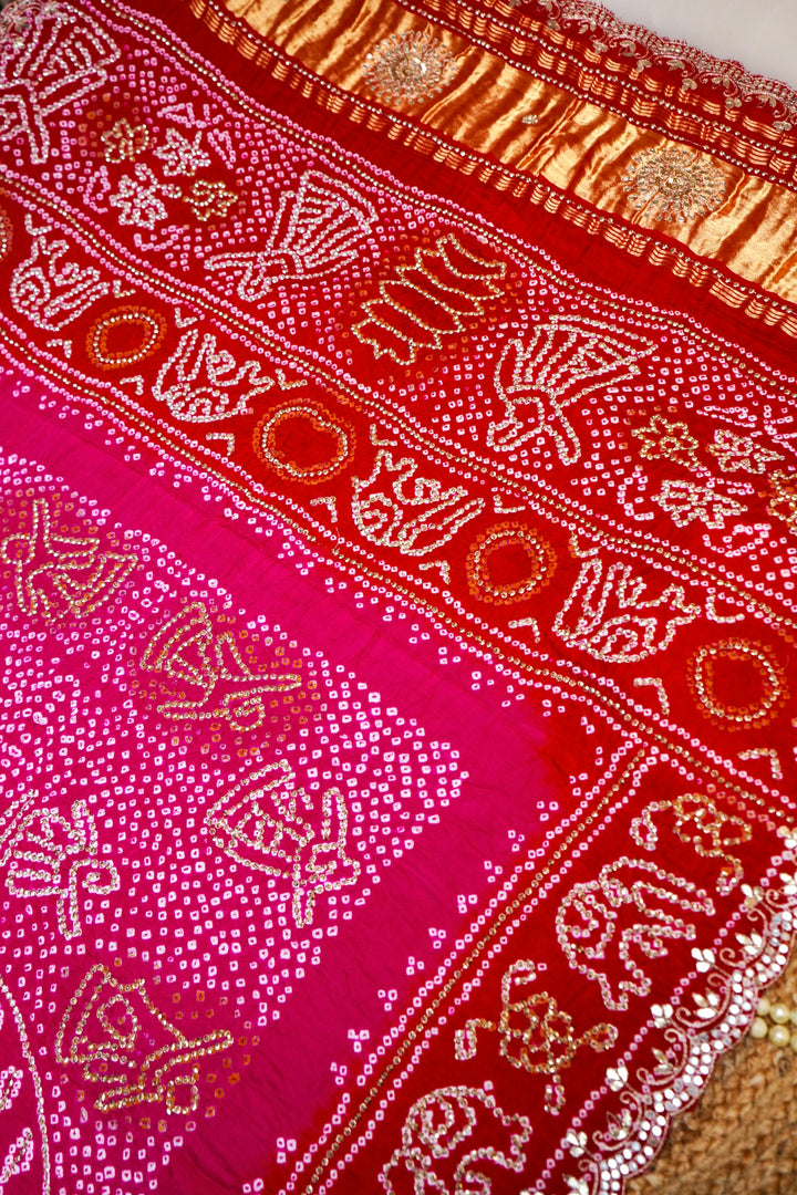 Gulabi Laal Gharchola Pure Gajji Dupatta with Gota Patti and Abla Work View 2