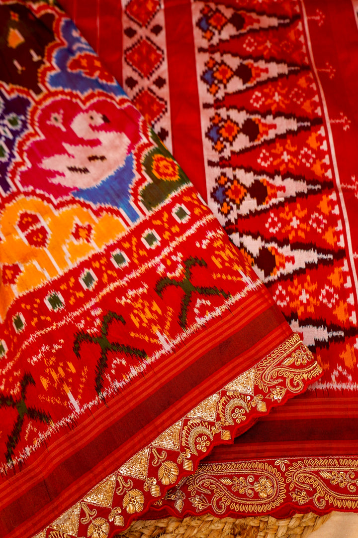 Red Pure Ikkat Patola Saree with Zardozi Embroidery View 3
