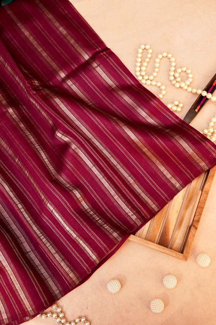 Pure Banarasi Silk Saree with Stripes & Shibori Weaving in Wine