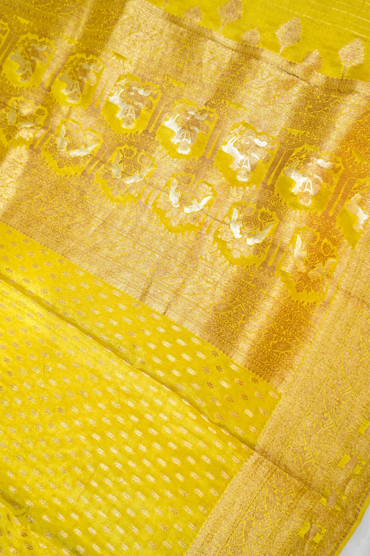 Radiant Mustard Yellow Banarasi Chinon Georgette Saree with Antique Zari Figure Motifs