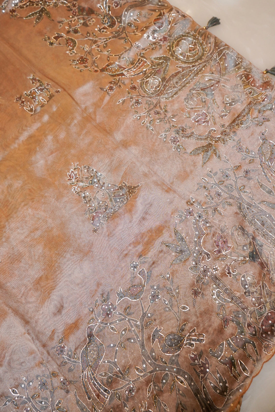 Peach Gold Soft Tissue Silk Aari Tari Saree Elegant Festive Glow