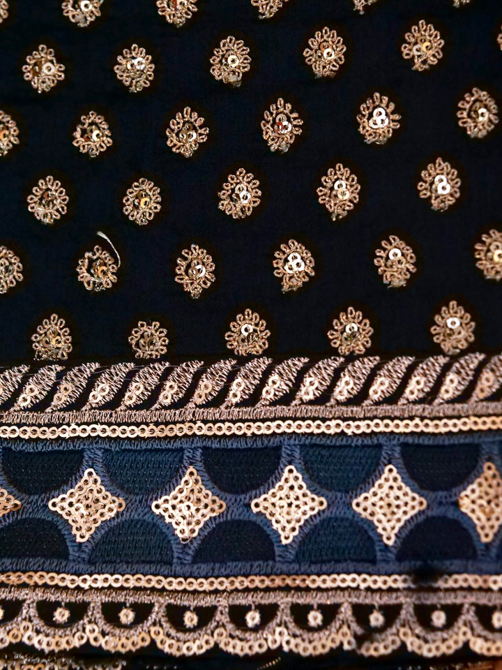 Teal Blue Sabyasachi Inspired Textured Pure Crepe Saree with Designer Border Heavy Embroidered Silk Blouse View 1