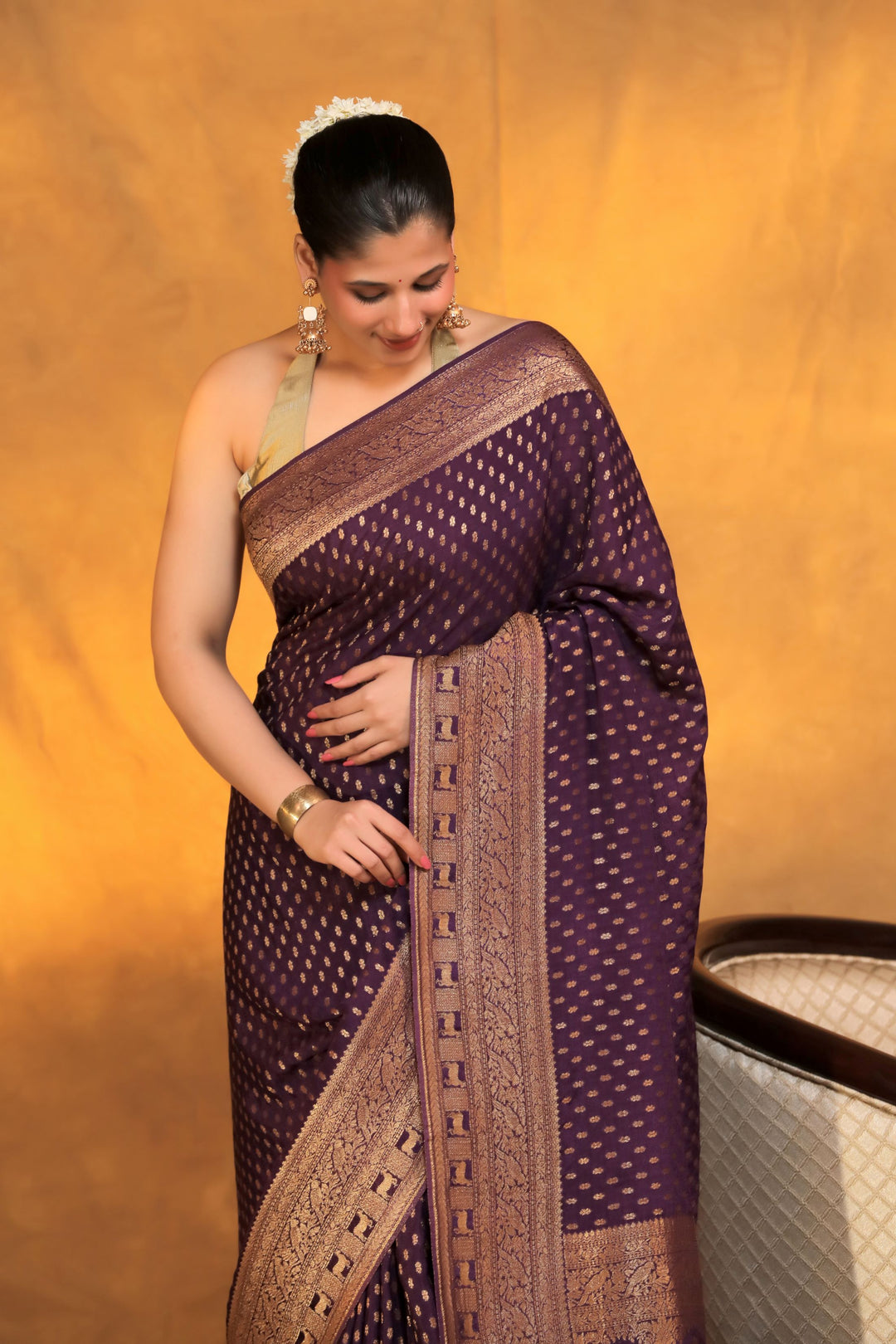 dark purple chinon georegette zari weave shikargah border meenakari saree front view 2