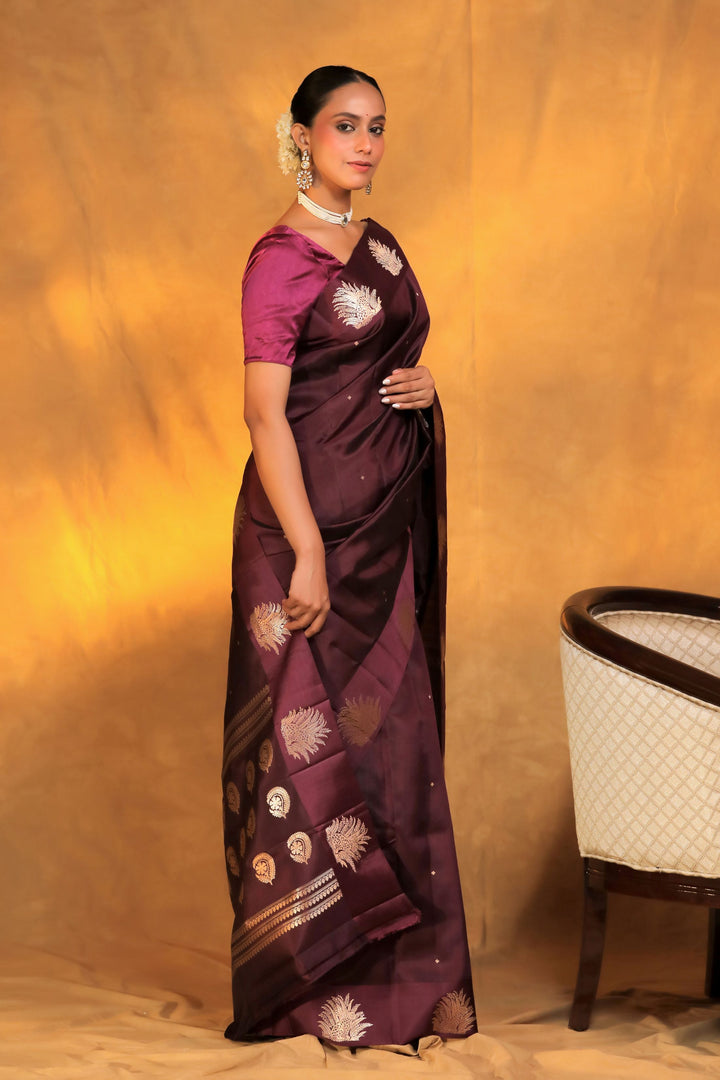 handwoven wine banarasi pure mashru silk leopard motif saree side view 2